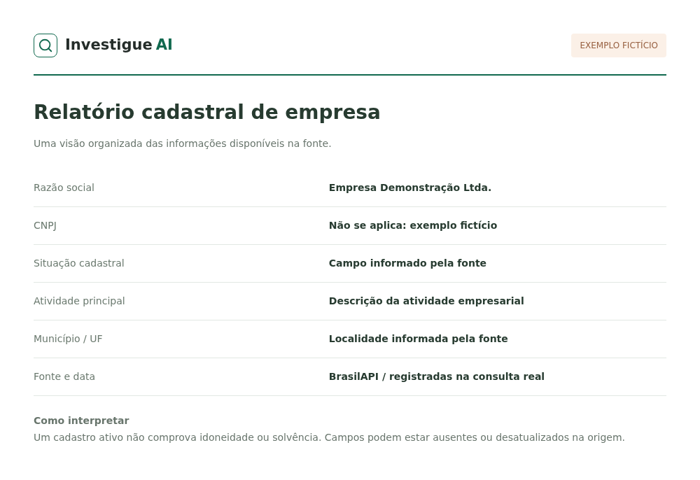 Exemplo fictício de relatório CNPJ com dados organizados, origem e limitações